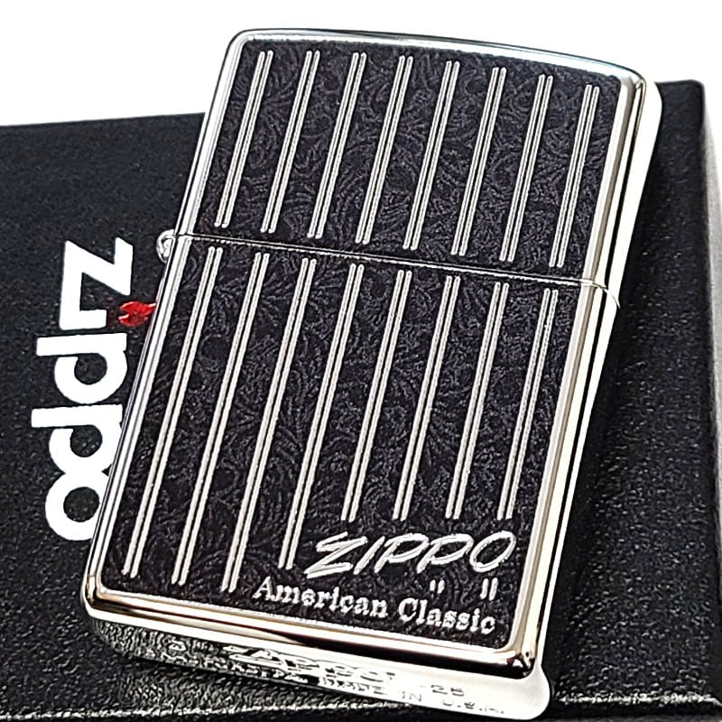ZIPPO ライター ストライプ 両面加工 アメリカンクラシック ジッポ ロゴ おしゃれ アンティーク 彫刻 ブラック＆シルバー 黒 縦縞 かっこいい メンズ ギフト プレゼント