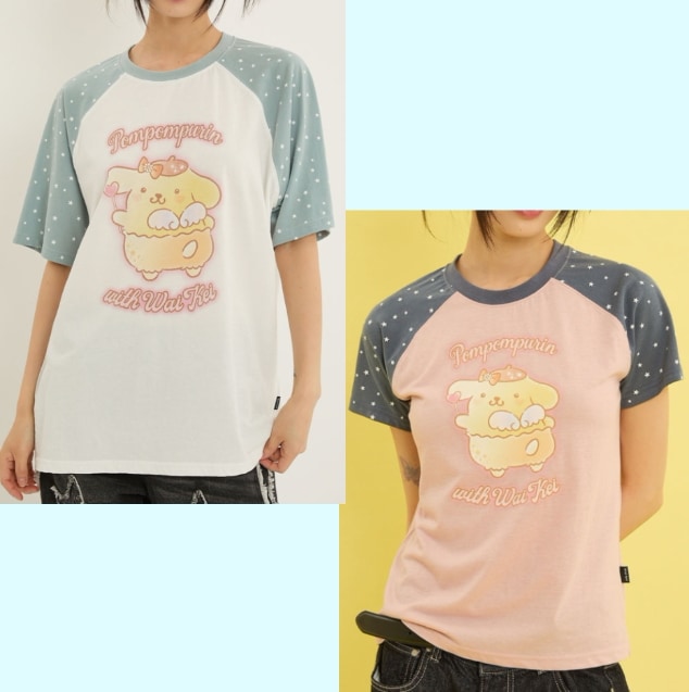【2サイズ】ポムポムプリン キューピット レギュラー 半袖 Tシャツ （ホワイト／ピンク） サンリオ コラボ ティーシャツ