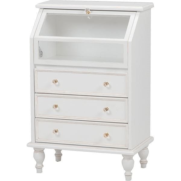 ガラスキャビネット/ディスプレイ収納 引き出しタイプ フラップ扉 幅60cm 木製 ヨーロピアン調 アンティークホワイト（白）