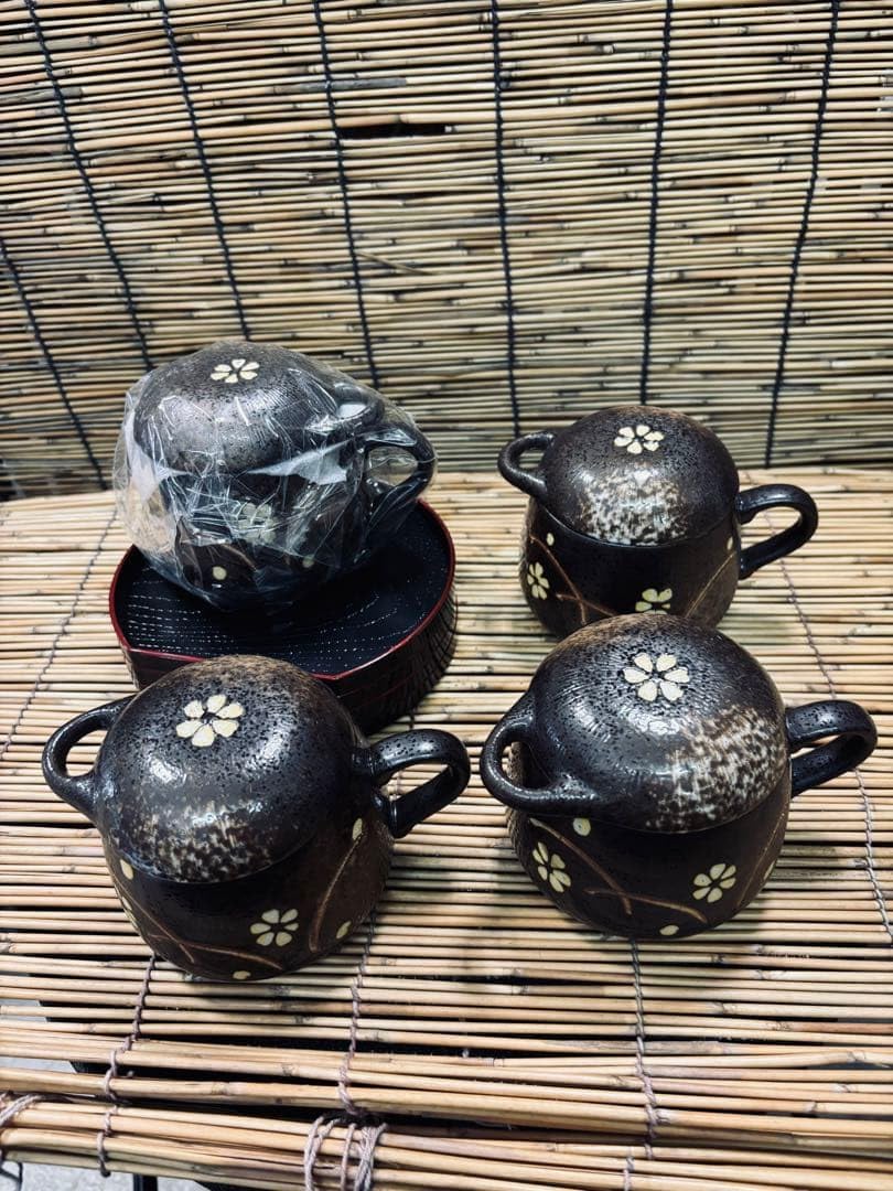 ＡＴー１１６ 陶器製茶道セット 花模様 4客揃え