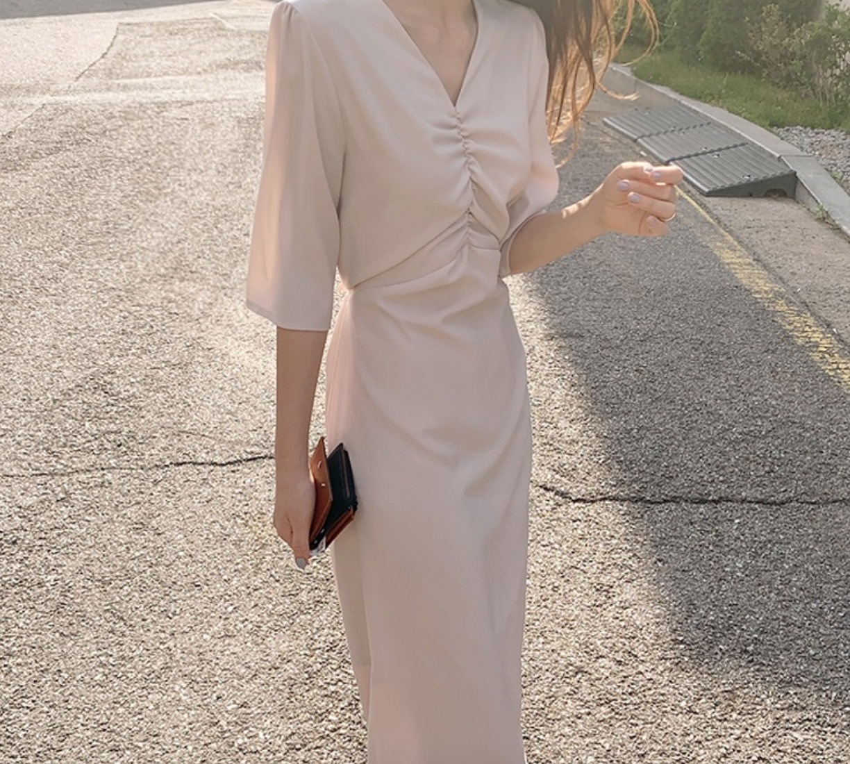 ワンピース ロング ロング丈 袖あり スリム タイト かわいい 大人可愛い きれいめ シンプル Vネック ロング丈 タイト 半袖 ギャザー入り ウエストマーク リボン 無地 春夏 XL ピンク 韓国