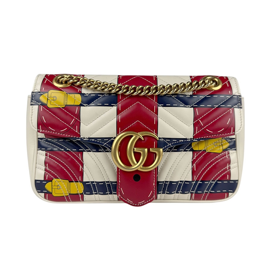 グッチ GUCCI ショルダーバッグ GGマーモント レザー オフホワイト/レッド/ネイビー ゴールド レディース 443497 z3784