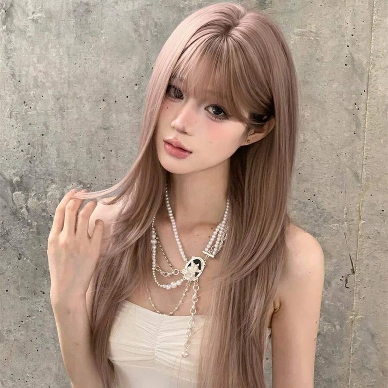 耐熱合成ウィッグピンクブラウン ロング ストレート バング付き長さ30インチ繊維製日常パーティー用自然で現実的なウィッグ(アクセサリー除く)
