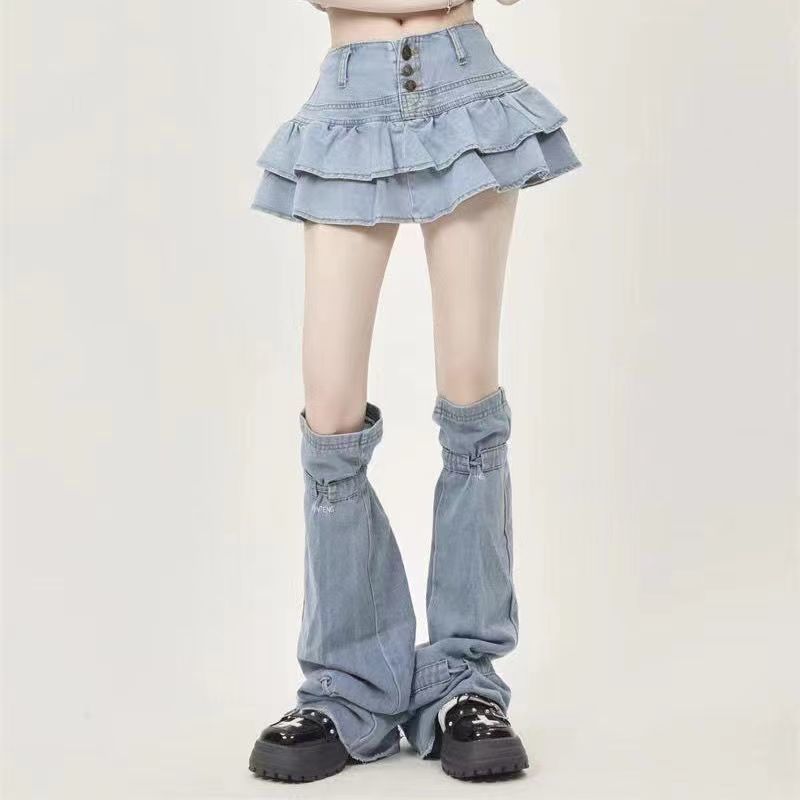 ライトアジアンスタイルウォッシュデニムレッグウォーマーミレニアムy2kサブカルチャーストラップレッグソックス