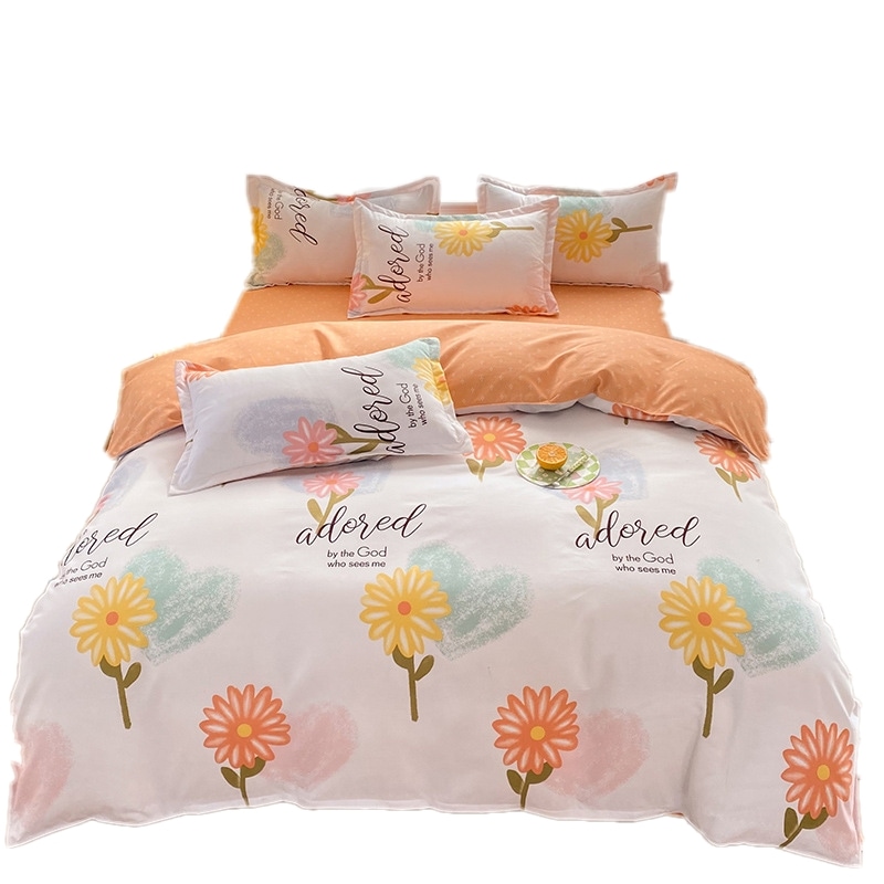 快適4点セットプリント寝具プリント布団枕カバーオレンジ花サイズXLセット4点セット200*230 cmシーツ230*230 cm枕カバー48*74 cm x 2