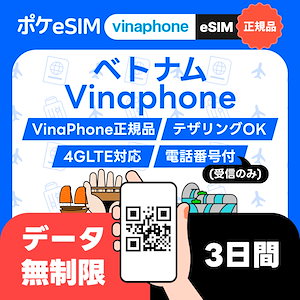 【購入後すぐ届く！】ベトナム eSIM データ無制限 3日間 Vinaphone正規品 電話番号付(受信のみ) 有効期限80日