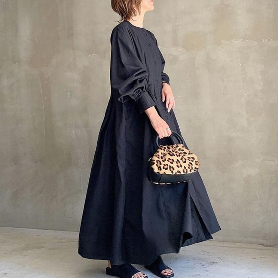 【超人気】 ファッション ランタンスリーブ シングルブレスト ギャザー Aライン カジュアルワンピー