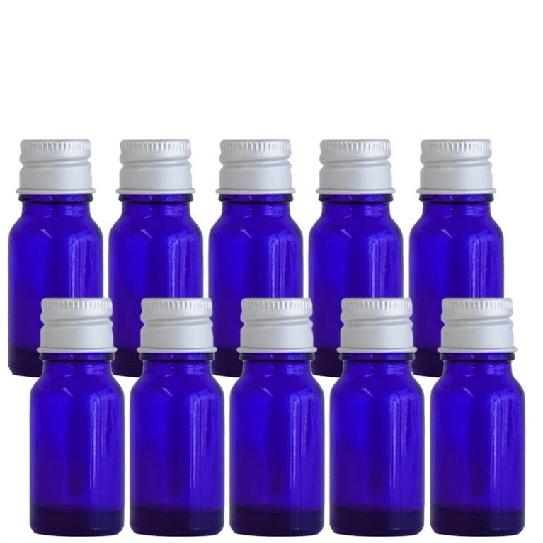 遮光瓶 10ml（ブルー） 100本セット シルバーキャップ ヴァーティカルドロッパー / 遮光ビン ガラス瓶 薬瓶 保存 アロマオイル エッセンシャルオイル 精油 キャリアオイル 香水 手作り コス