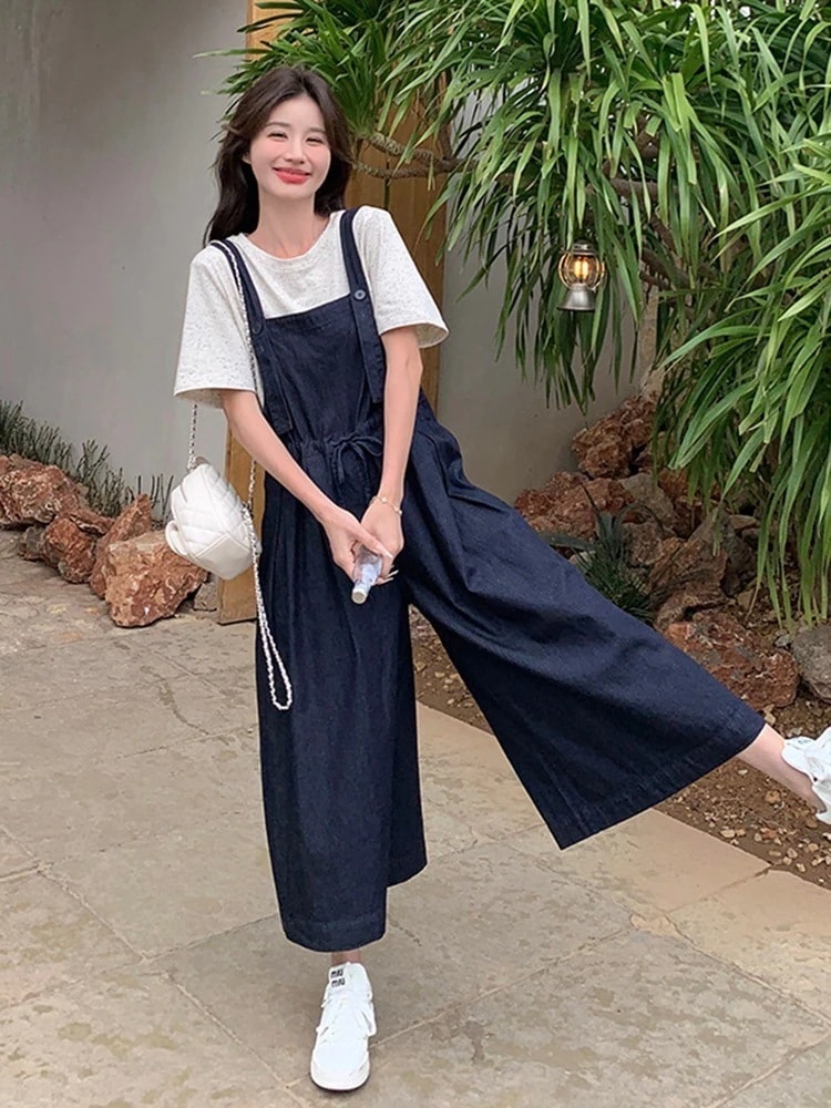 新作 サロペット デニムサロペット夏のゆったりカジュアルスリムワイドパンツ 百掛け 着痩せ