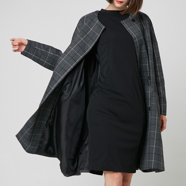 マントコート/フレアコート/ロングコート/膝丈/ノーカラー/フェミニン/チェックパターン/秋身上/今一番人気