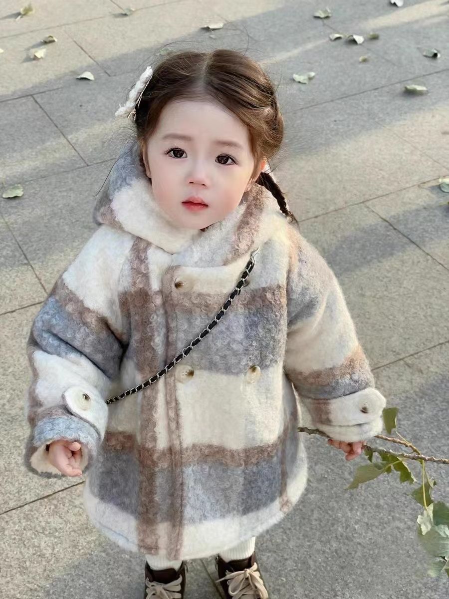 の新作 韓国子供服 女の子ツイードコート25新作女性ベビー厚手コート厚手ツイードコート