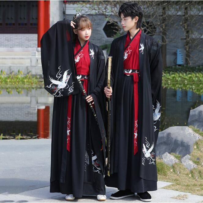 鶴 中華服 男女兼用 タンチョウ刺繍 チャイナ服 中華服 唐とても安い レディース 仮装 チャイナ風コスプレ衣装 変装 メンズ 黒赤 漢服 ドラマ時代劇コスチューム 将軍