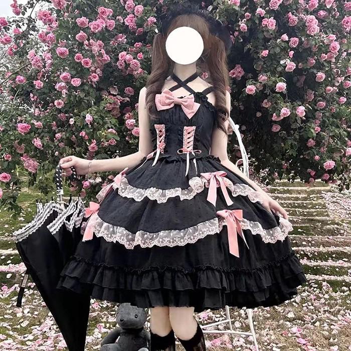 新规入荷続々 ロリータ ブラック 袖なし ミニ丈 ワンピース コスプレ衣装 ティアードスカート コスチューム 花飾り レースアップ ゴシックロリィタ ゴスロリ 半袖 袖付き フリル裾 クリスマス レデ