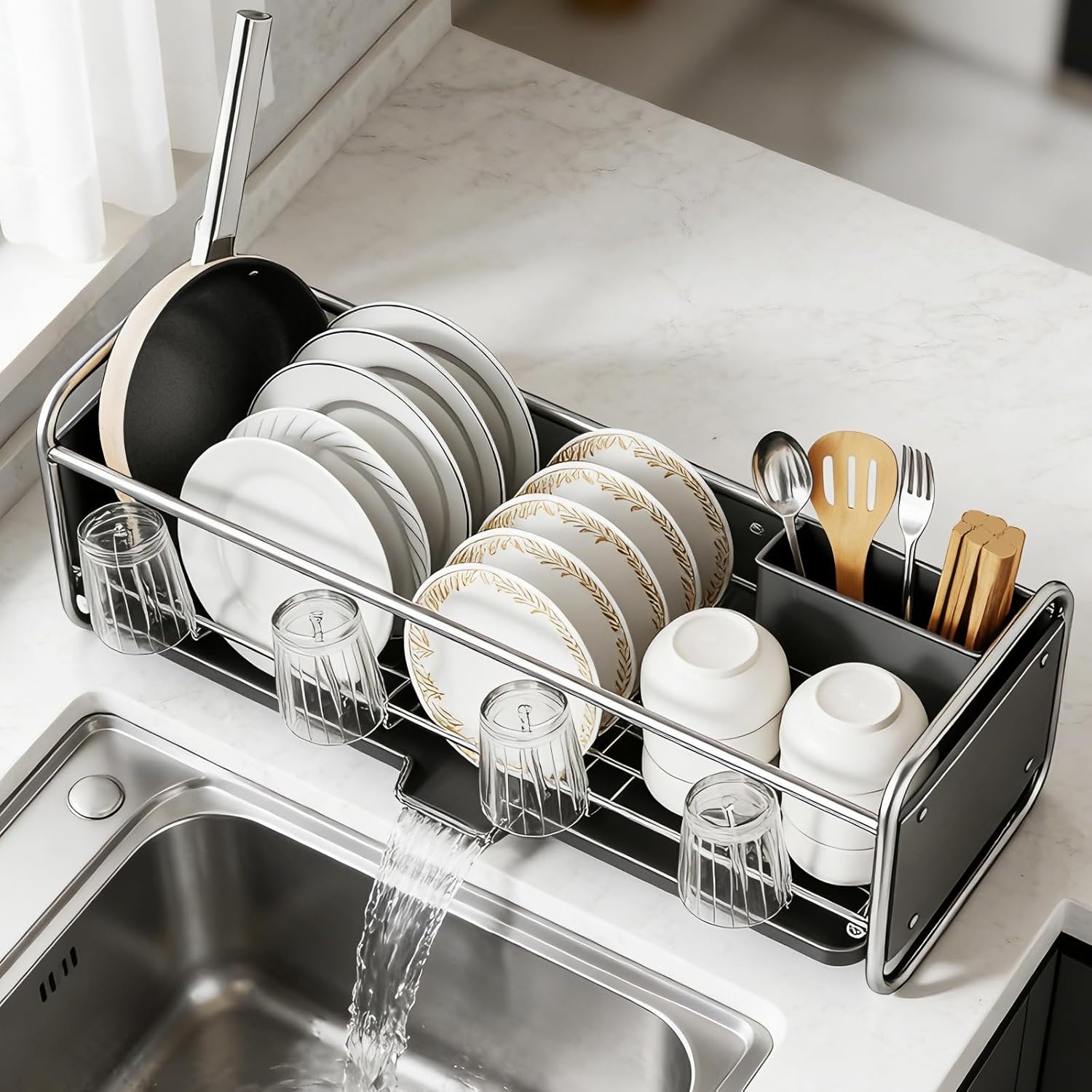 水切りラック 箸ホルダー付 自動排水 大容量 スリム 包丁スタンド 錆びない 省スペース 幅43×奥行17×高17cm グレー