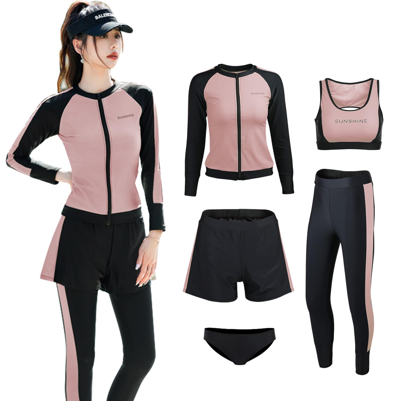 [Adigaber] 水着 レディース 体型カバー フィットネス水着 長袖ラッシュガード セパレート 5点セット レギンス サーフィンパンツ タンキニ UVカット 速乾 水陸両用 女性用