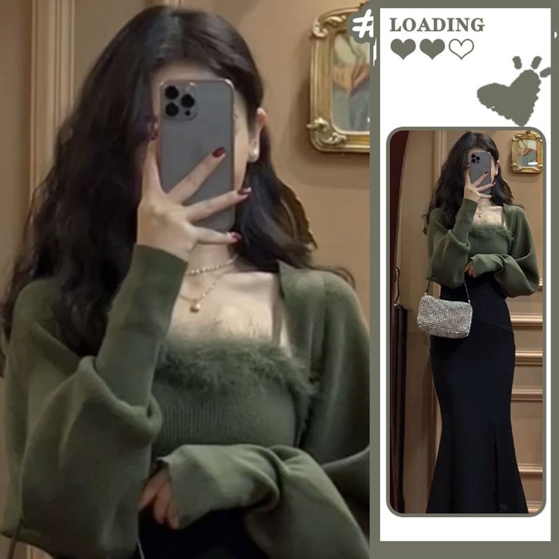 3点セット スーツ セットアップ ニットカーディガンコート＋キャミソール+スカ ート デザイン感 着やせ 秋冬