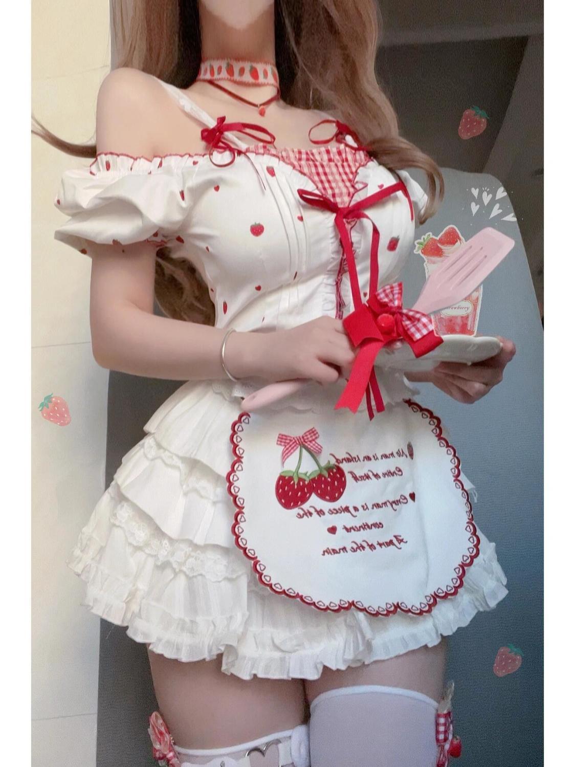 【急速発送】レースパッチワークリ ボンキャミソールポンポントップス花柄メイドエプロン3点セットアイドル衣装 ロリータ