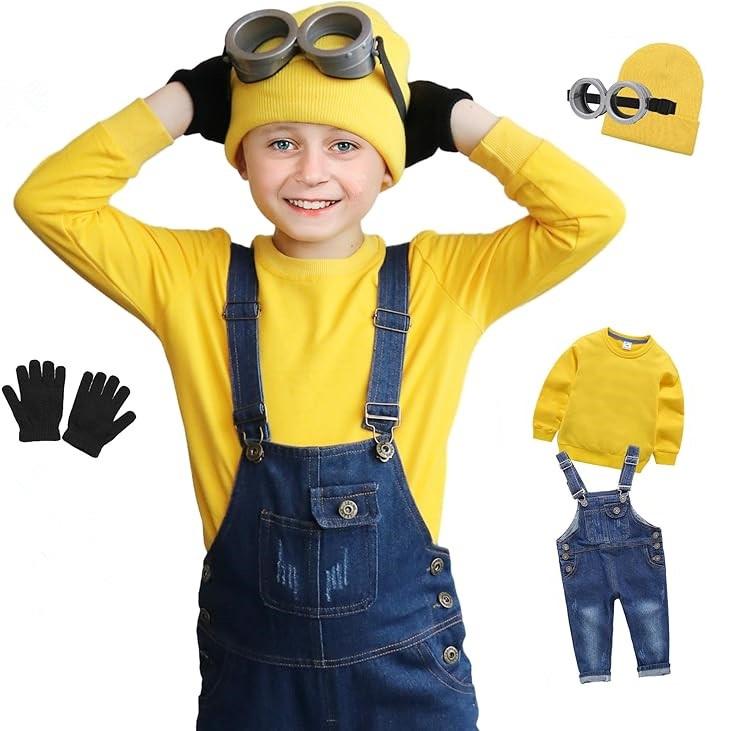 [本日のセール]コスプレ ニット帽 女の子 長袖 ゴーグル 男の子 仮装 オーバーオール トレーナー キッズ かわいい コスチューム コスプレ 4点セット ハロウィン ミニオン 子供