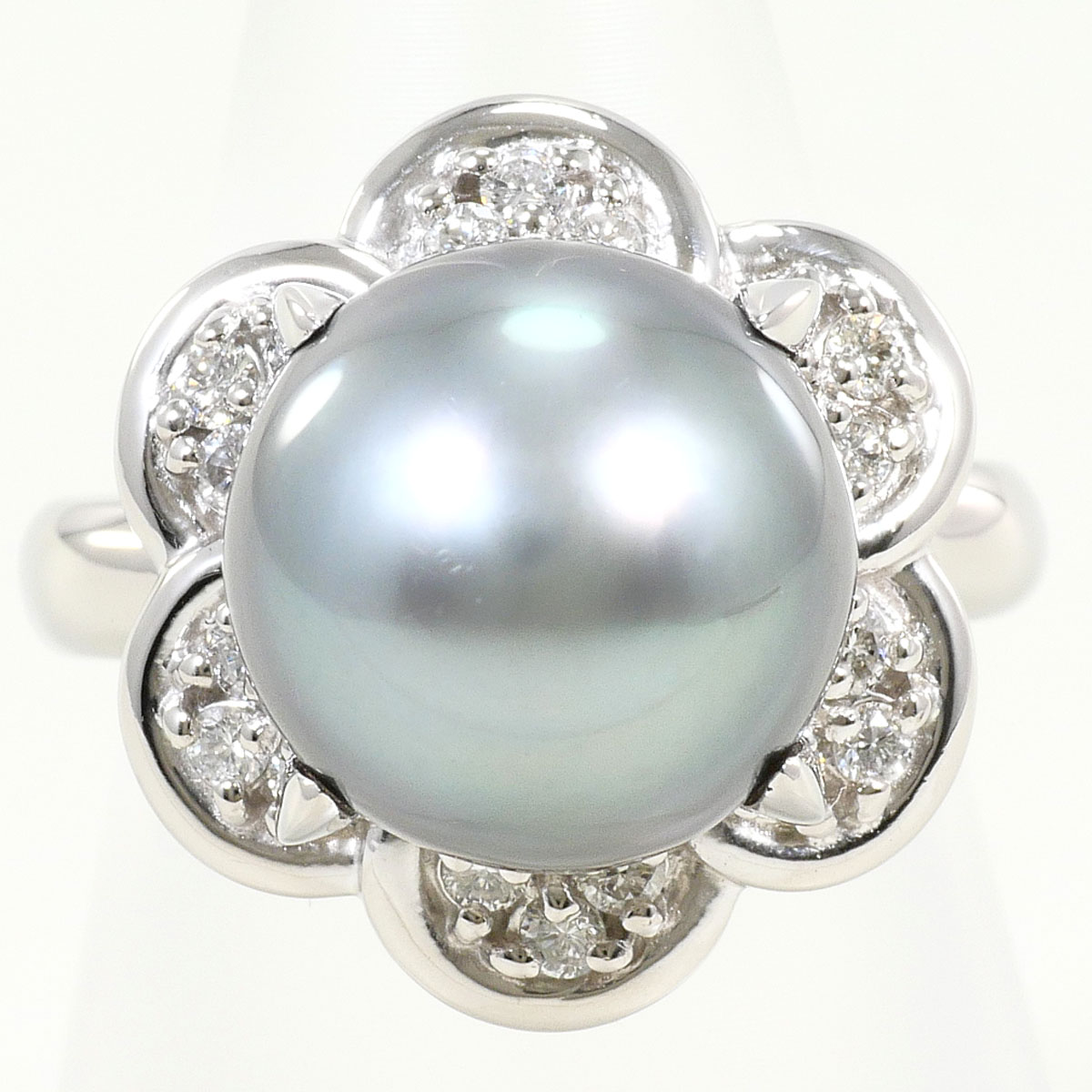 PT900 プラチナ リング・指輪 10号 黒蝶真珠 ダイヤモンド 0.34 ct カード鑑別書 総重量約15.4g ジュエリー 中古