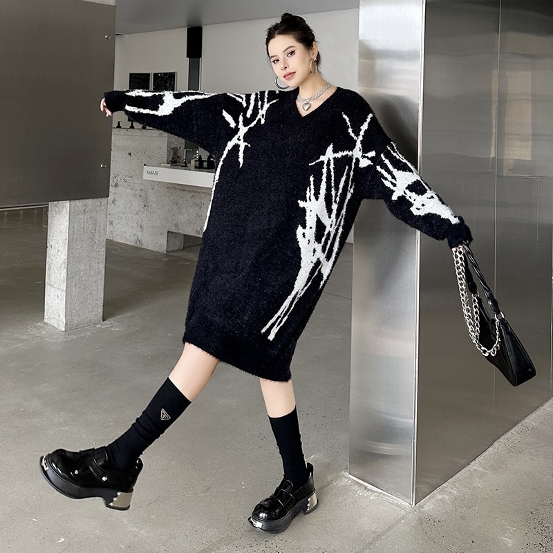 【J.Fashion】 ロングニット おしゃれ 個性的なデザイン ニットワンピース vネック レディース ロングセーター メガ割