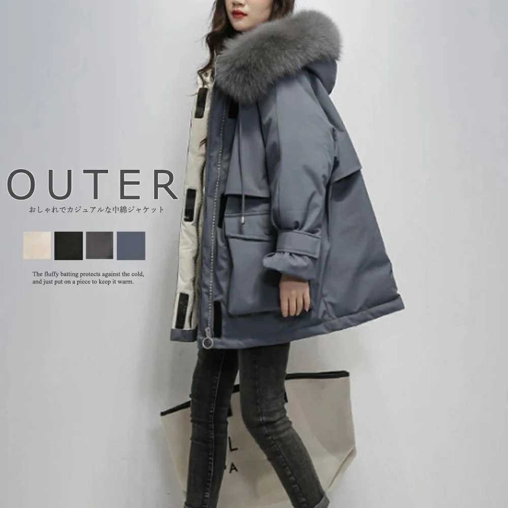 フード付き 中綿ジャケット レディース コート フェイクダウンジャケット 冬 防寒コート カジュアル 暖かい フードブルゾン ジャンバー 韓国風 アウター ダウン風コート ブラック ダークグレー ベー
