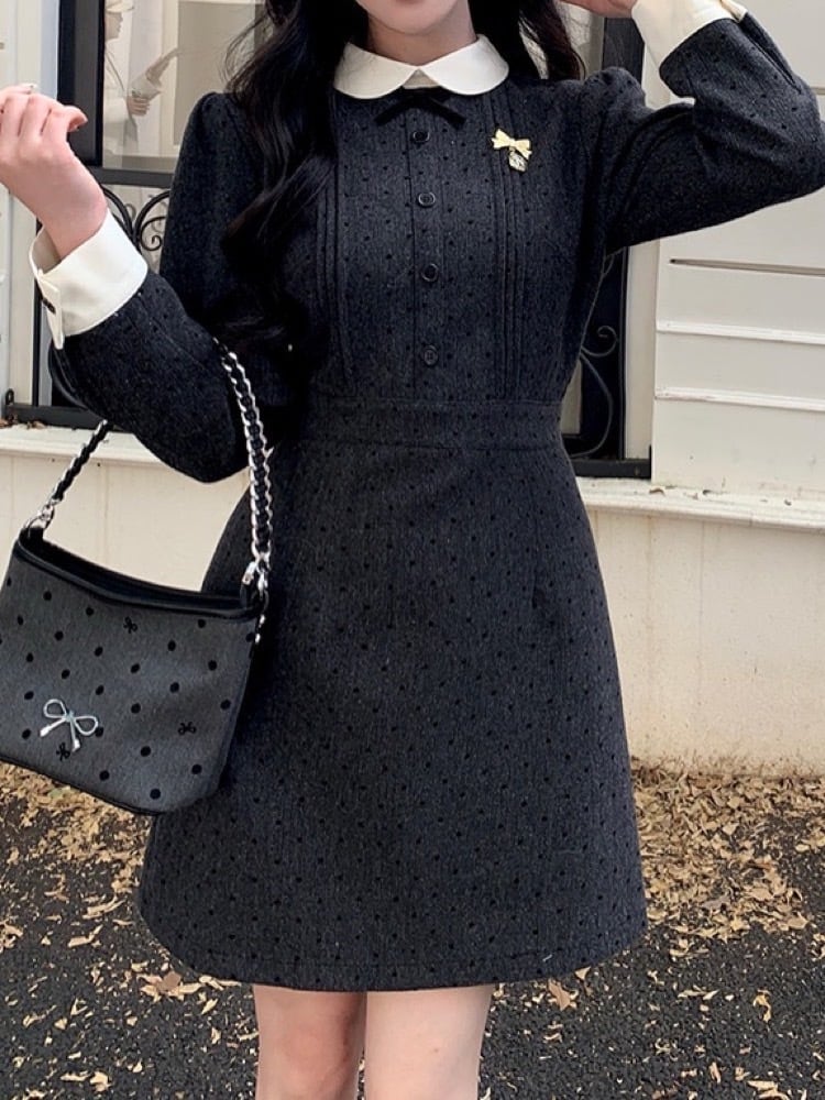 丈が選べる上品シルエットで春のお嬢様コーデ クラシカルレディワンピース ドット柄 リボン レース 大人 シック 上品 エレガント クラシカル お呼ばれ デート 細見え 大きいサイズ CH10465