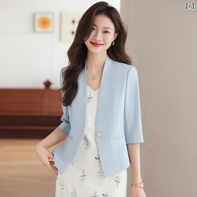 シューズ　スリッパ　カジュアル ノー カラー スーツ ジャケット レディース 夏 薄手 七分袖ハイエンド ショート ライト ブルー スカート