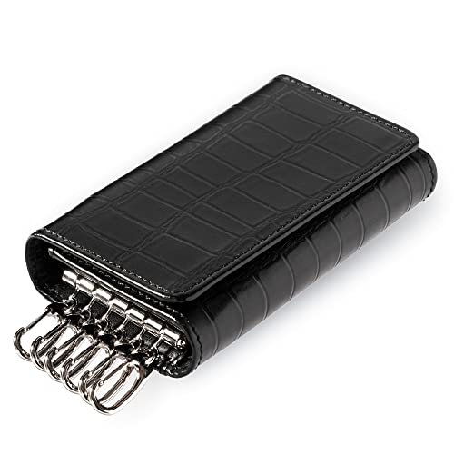 [FABULO] キーケース メンズ スマートキー 本革 (牛本革クロコ型押し) カードキー 小銭入れ カード入れ レディース 小さめ (ブラック（クロコ型押し外装）)