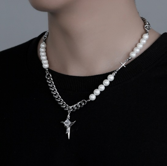 ダイヤモンドスタークロスネックレス男性用トレンディーブランドペンダント男性用と女性用のニッチ豪華なパール鎖骨チェーンカップルヒップホップ