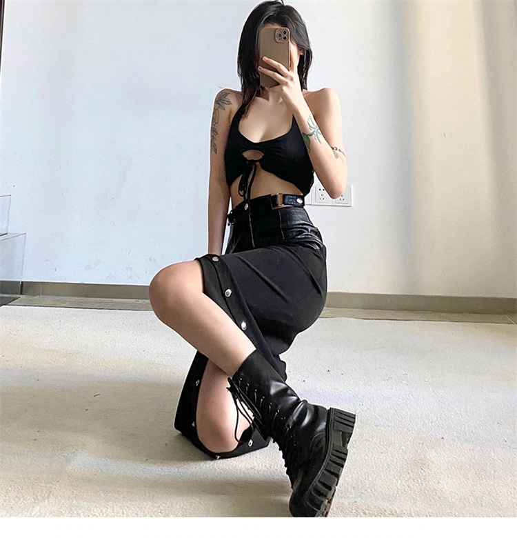 激安セール デザインセンス PUハーフスカート スプリット 単体ボタン 中長セクション 縫付 透かし彫り ジッパー ロングスカート