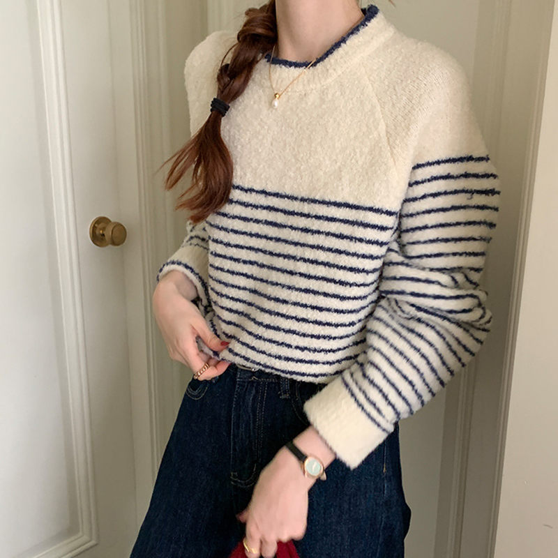 ボーダーニットセーター クルーネック プルオーバー 長袖 ニット セーター トップス レディース 秋冬 体型カバー 横縞 着痩せ カジュアル 着痩せ 温かい 横縞