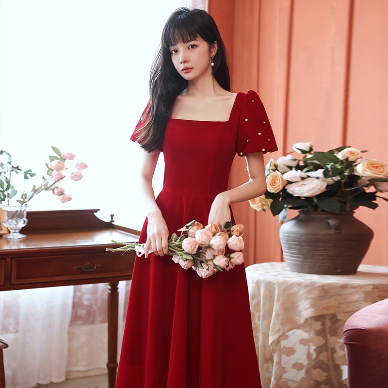 ワンピース ドレスワインレッドトースト2021新婦薄片は通常婚約パフスリーブトースト秋を着ることがで