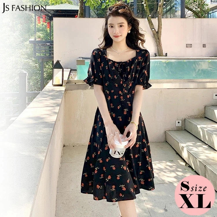女の子花柄ワン スクエアネック パフスリーブ 黒 半袖 Aライン フレア 花柄 ワン リゾートワンピ ひざ丈 ミディアム丈 膝丈 ガーリー おしゃれ きれいめ 体型カバー 大きいサイズ お出かけ202