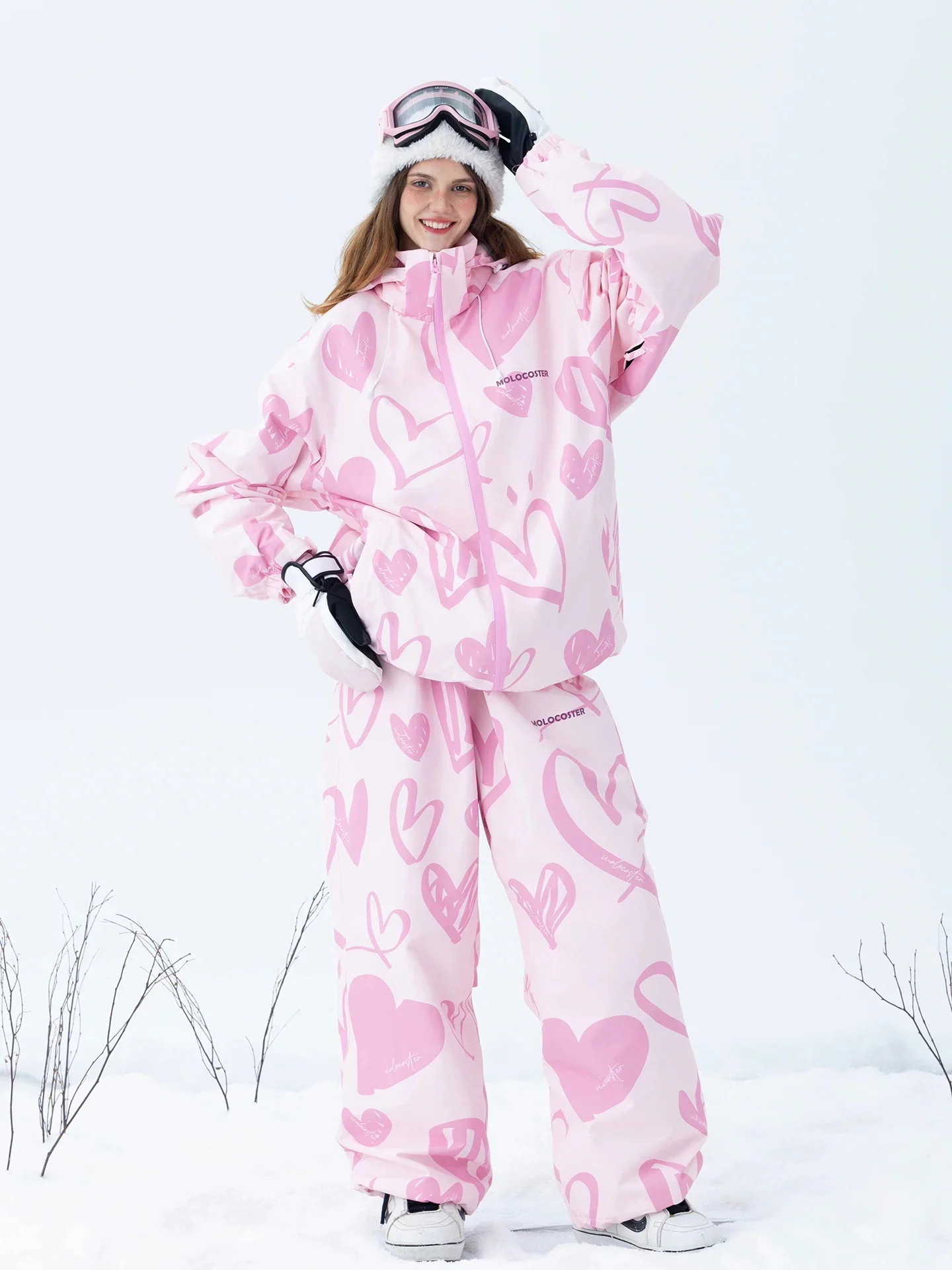 2026新品大人気毎日厳選 スノーボードウェア 20上下セット メンズ レディース 耐水圧000mm ジャケット パンツ ハート柄 ピンク 撥水 保温 3L 風 スノボウェア スノーウェア スキーウェ