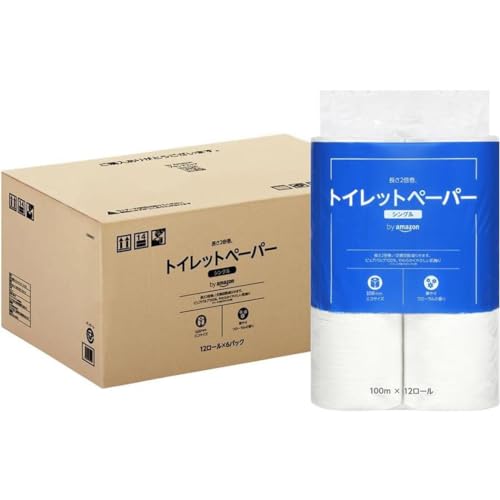 by Amazon トイレットペーパー 長さ2倍巻 100m x 72ロール(12ロール×6パック) シングル (12ロールで24ロール分) フ