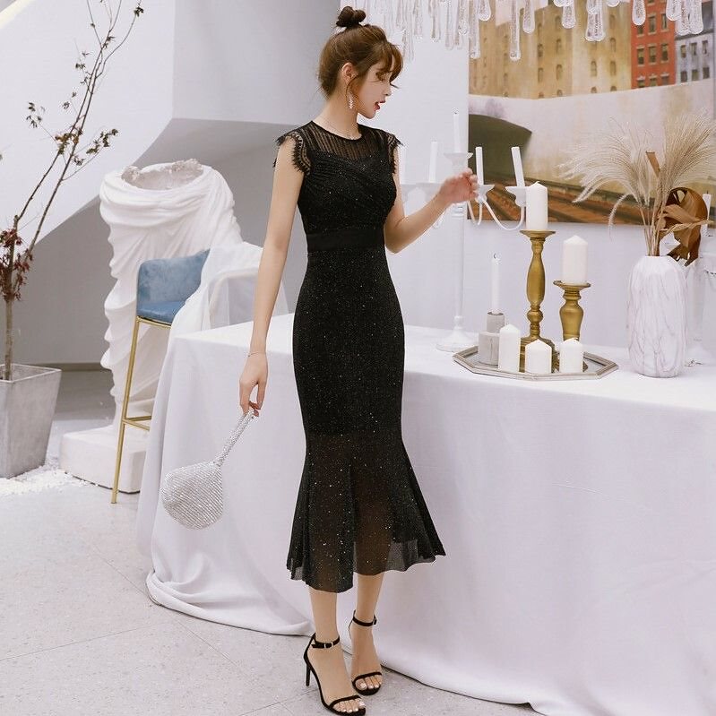 結婚式のセカンドパーティーレースブラックと呼ばれるドレスタイトなドレスパーティー