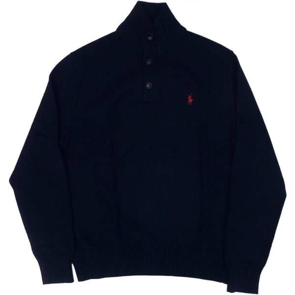 ワンポイント コットンセーター ボタン付き 紺 ネイビー PR2-056