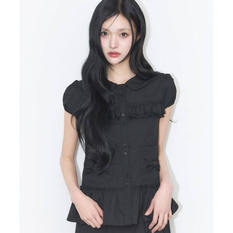 ILLIGO ボウポケット ラッフルブラウス ストライプ ブラック 26SMTOP03BKST 412955