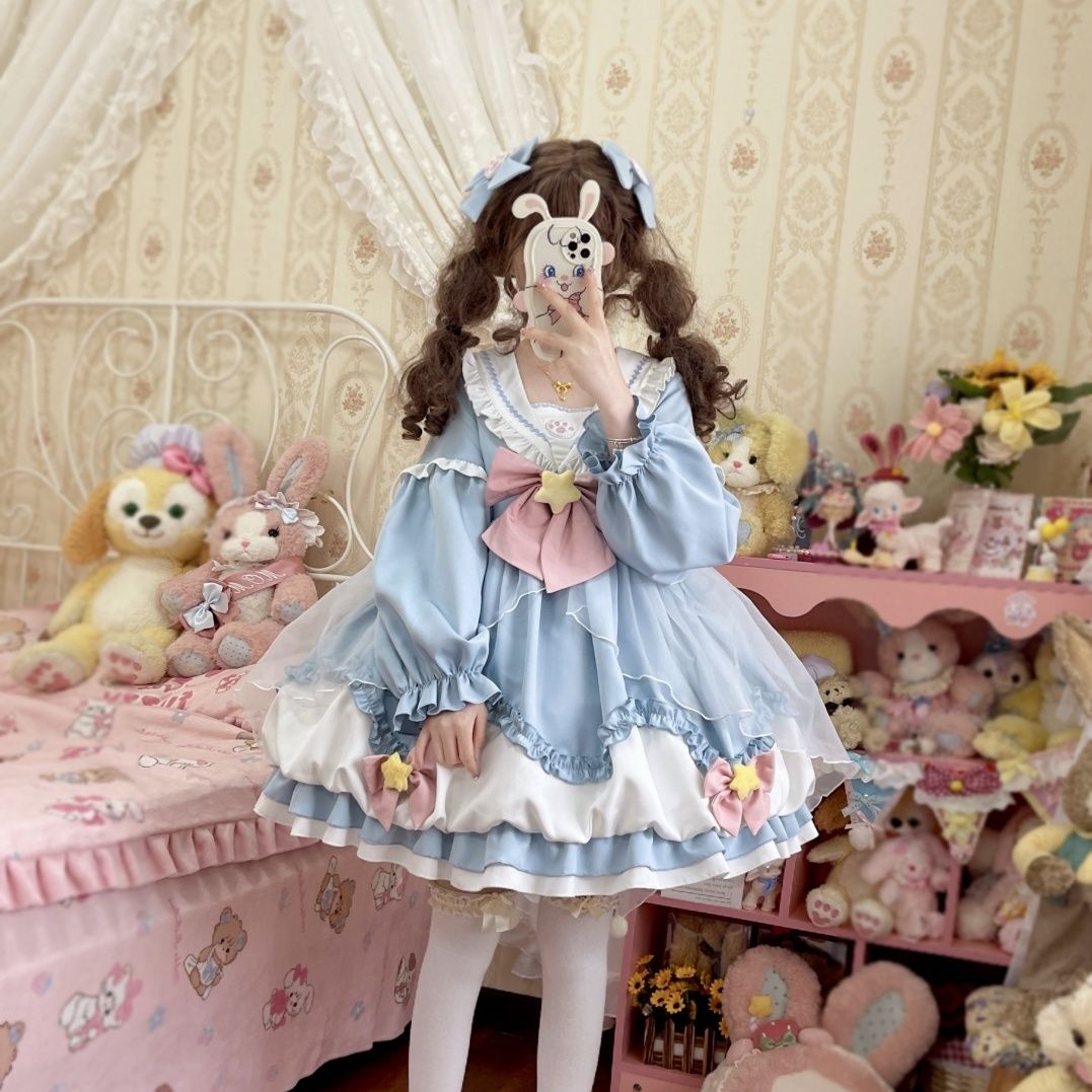 [急速出荷]オリジナルデザインロリータネイビーネックop長袖秋ワンピース ロリータ 二次元(最安値保証)