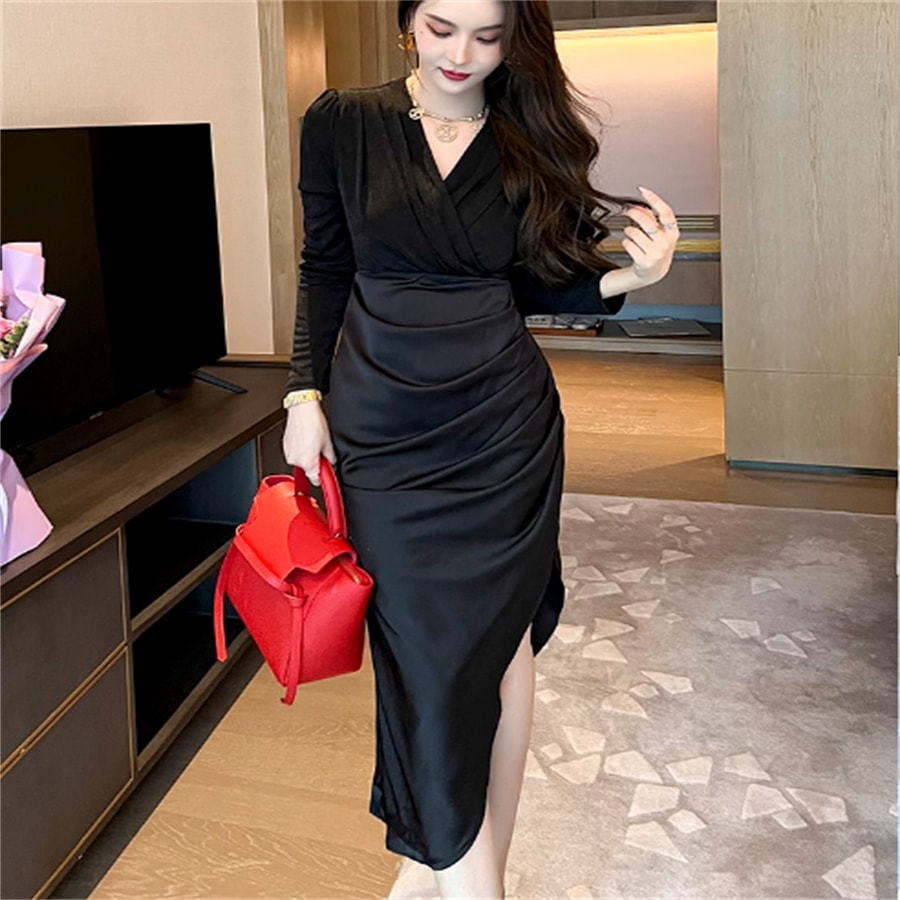 ドレス ロングドレス パーティドレス ロング ミモレ アシンメトリー丈 袖あり 長袖 Vネック Aライン フレア ドレープ ベロア エレガント 可愛い 大人可愛い きれいめ シンプル