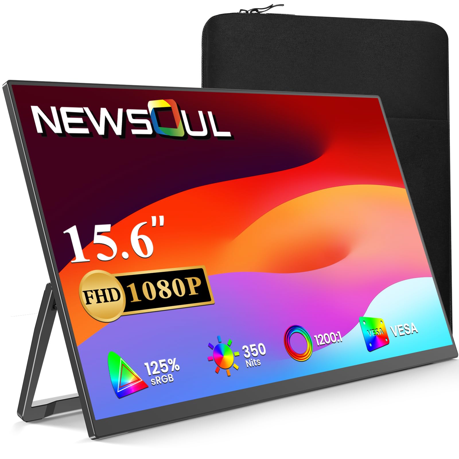 15.6インチ モバイルモニター Newsoul モバイルディスプレイ 収納ケース付き フルHD IPS 125%広色域 軽量薄型 ポータブルモニター PS5/PS4/スマホ/PC/Mac 対応 スタ