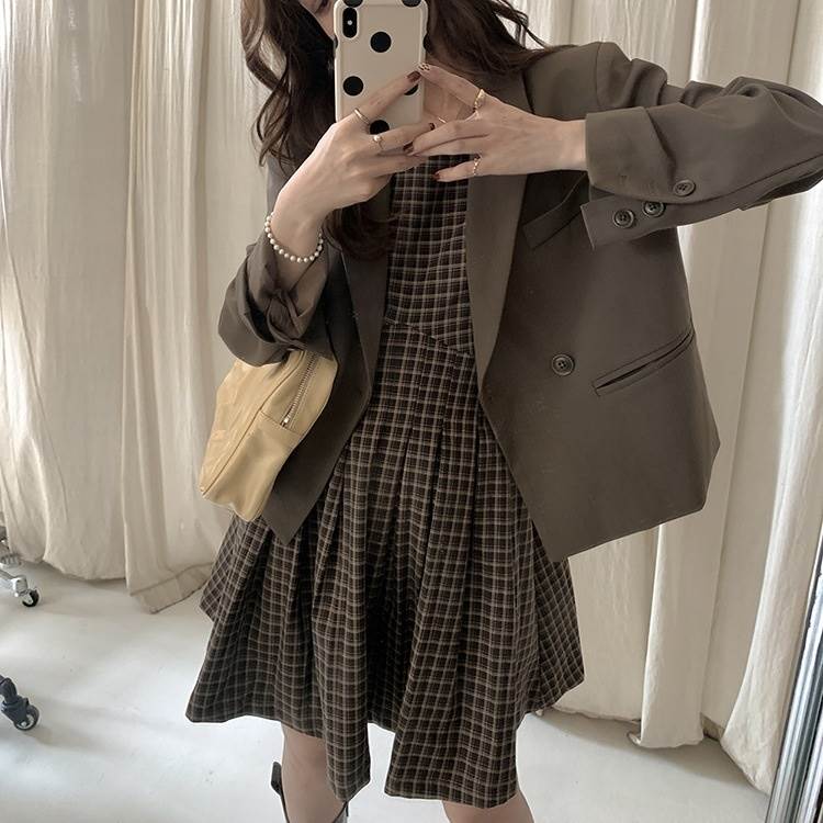 リピーター続出セットアップ 制服風 ツーピース ジャケット ミニワンピース チェック ハイウエスト スーツ キャミソールワンピース 上下セット ブラウン セクシー カッコイイ 長袖 上着 アウター キ