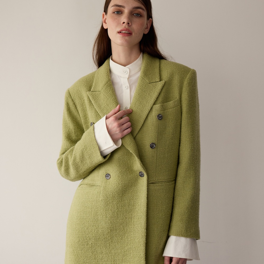 빅숄더 픽업 라펠 더블브레스트 롱 블레이져_PALE YELLOW-GREEN