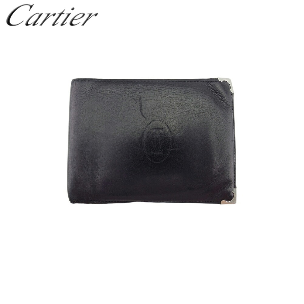 【中古】 カルティエ 二つ折り 札入れ ミニ札入れ メンズ カボション ブラック シルバー ボルドー レザー Cartier T22302