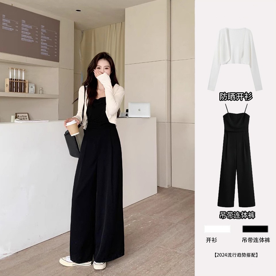 ハイエンドのカスタマイズ-ヘップバーンスタイルの高級スーツ 2025 夏の新しいスタイルのウエスト痩身ジャンプスーツ日焼け止めアウターショール 2 点セット