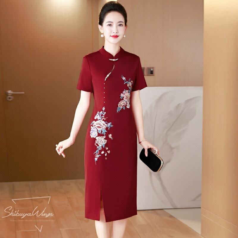 マザードレス チャイナドレス マザーワンピース 膝丈 ミドル レディース 上品 大きいサイズ 半袖 ワンピース 精巧な刺繡 高級感 高品質 パーティー チャイナ服 二次会 イベント ウエディング 結婚