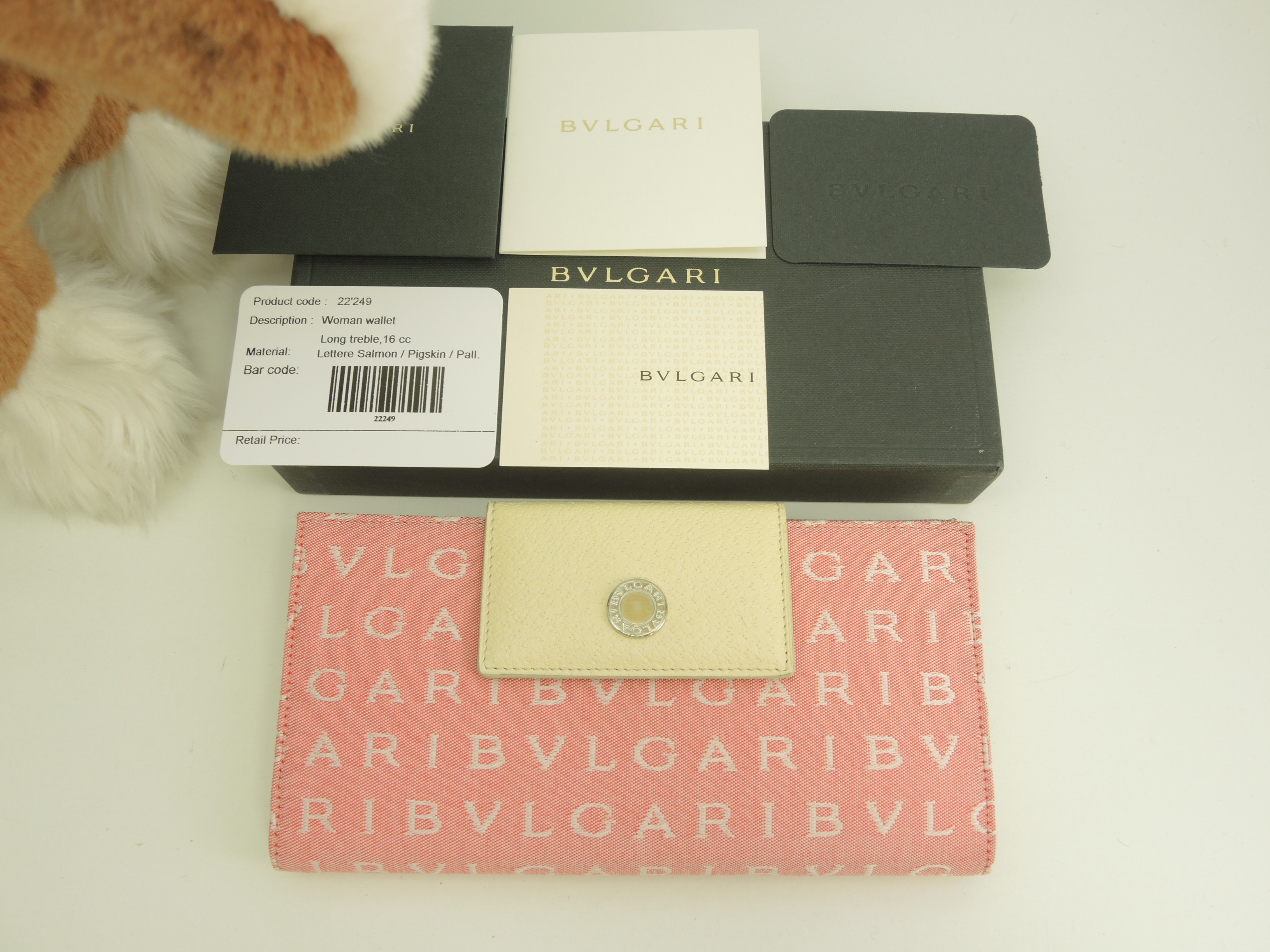 Wフラップロングウォレット コットン/ピンクレザー/クリーム 両面長財布 未使用@ABEBEA