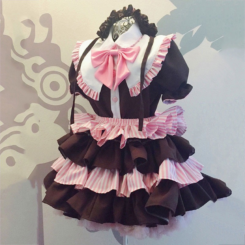 【信頼】 メイド服　コーヒー+ピンク　可愛い　荷葉フリル　多層スカート　コスプレ衣装　４点セット ワンピース