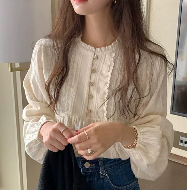 シフォン フレアブラウス ふんわり トップス ブラウス レギュラー丈 長袖 パフスリーブ Uネック ハイネック セミフレア スリム 細身 ストレート 裾イン レース チュール シフォン 透け感
