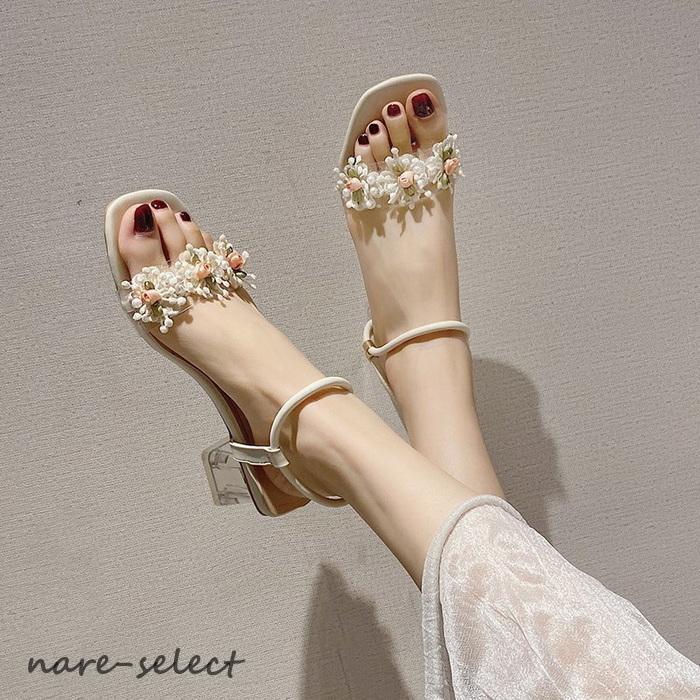 （今月の新品）サンダル レディース 履きやすい 夏 サンダル 太めヒール ミュール ハイヒール靴 透明pu 花柄 ストラップサンダル ローマブール 歩きやすい 美脚 5,124円